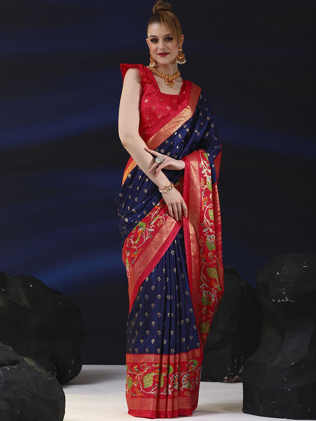 

Mitera Ethnic Motifs Zari Silk Blend Bagh Saree, Navy blue