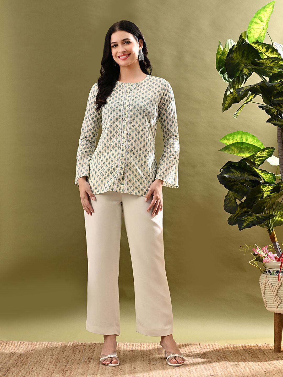 

Sangria Printed Cotton Round Neck Top With Lace-Detail, Beige