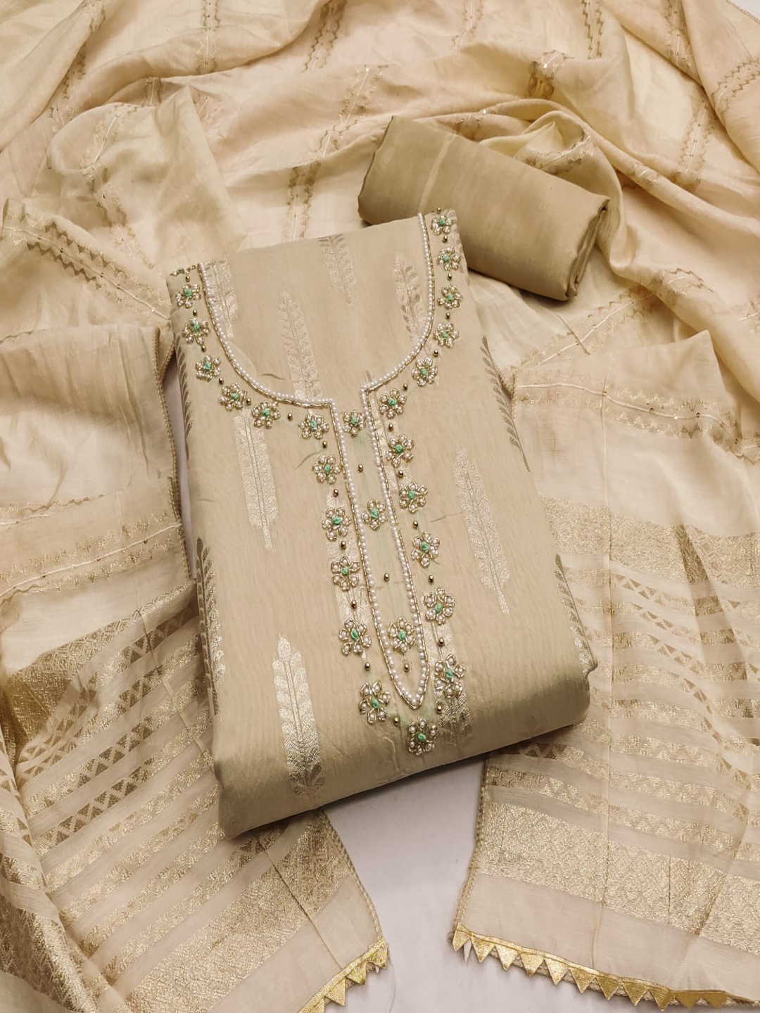 

Rangtulika Floral Woven Design Beads & Stones Banarasi Jacquard Unstitched Dress Material, Beige