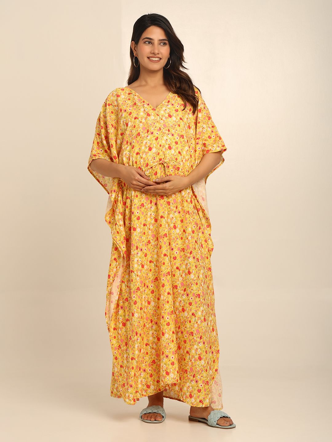 

CRAFTBAZAR Floral Print Maternity Kaftan Maxi Dress, Yellow