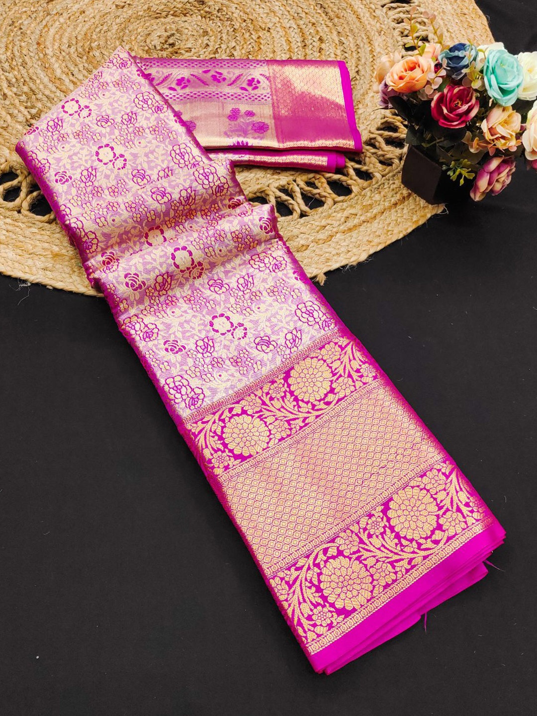 

yourwish Ethnic Motifs Zari Pure Silk Kanjeevaram Saree, Pink