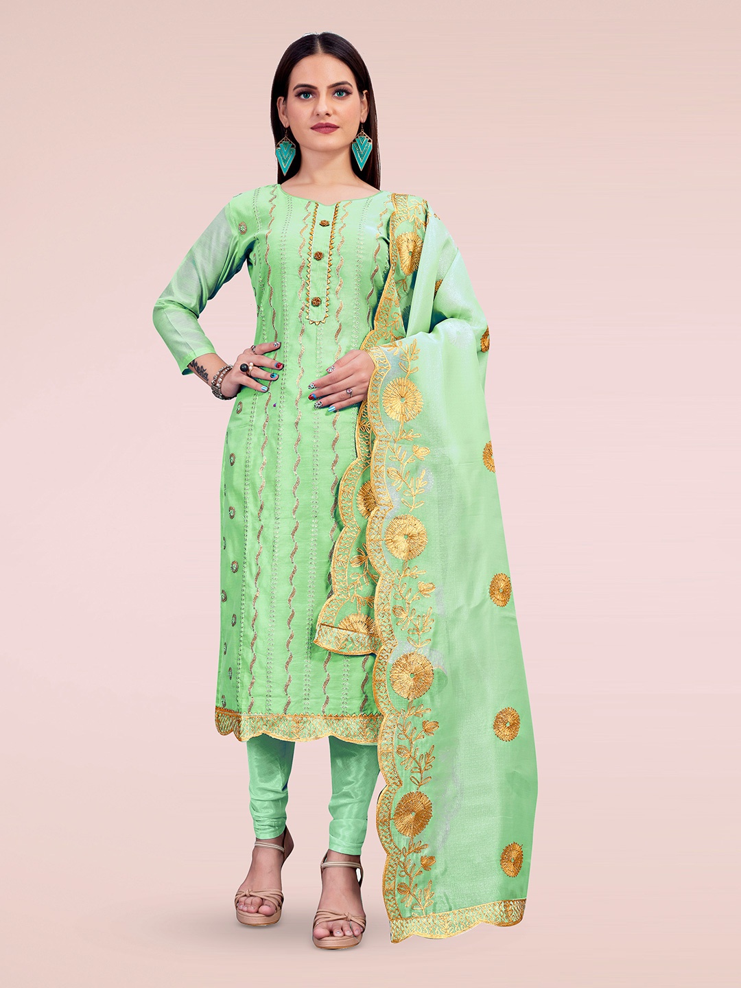 

HERE&NOW Floral Embroidered Sequinned Unstitched Dress Material, Lime green