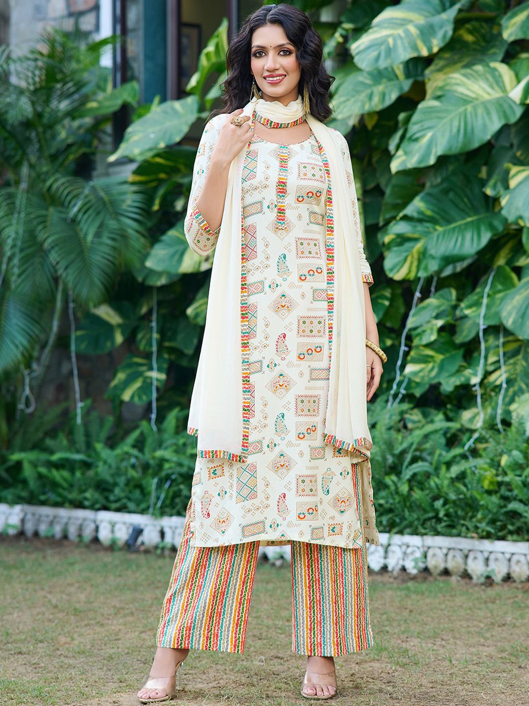 

Moda Rapido Women Floral Printed Regular Kurta with Trousers & With Dupatta, Cream