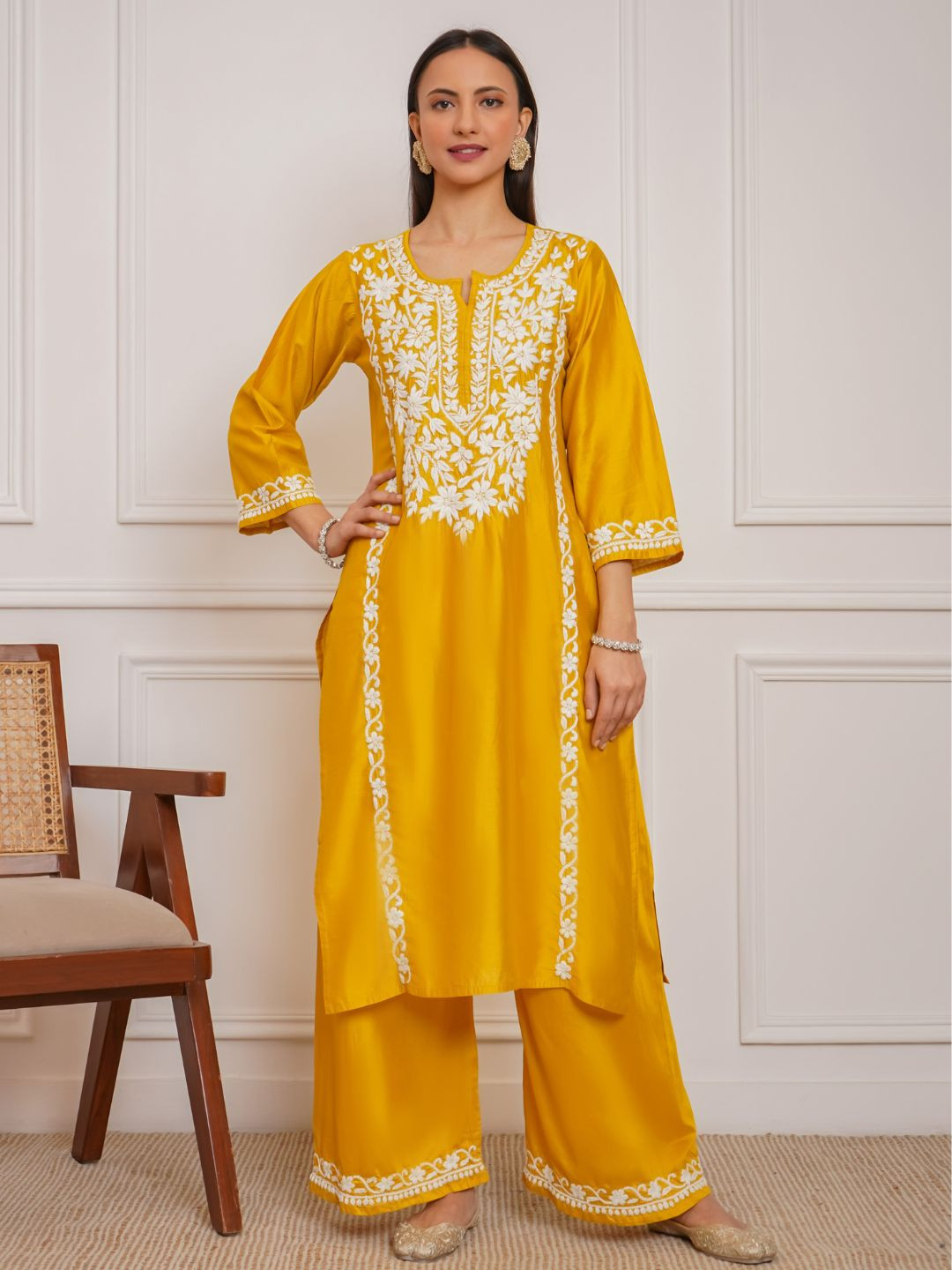 

Chowkhat Embroidered V-Neck Top With Palazzos Co-Ords, Mustard