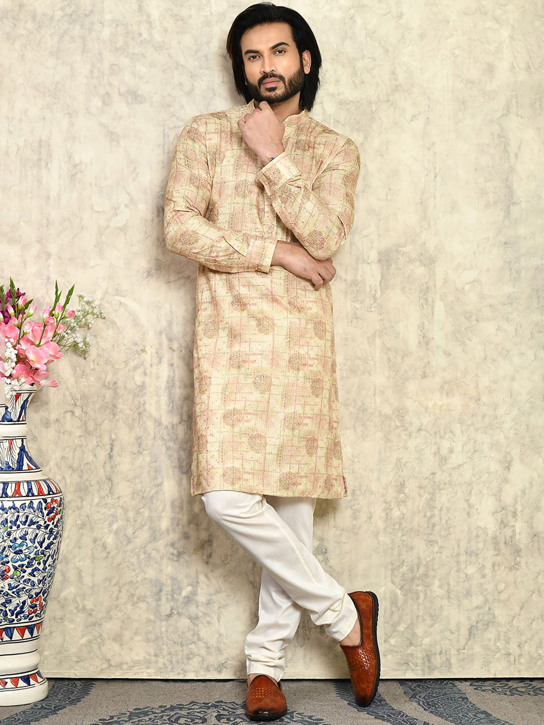 

RANAK Men Floral Yoke Design Regular Kurta with Pyjamas, Yellow