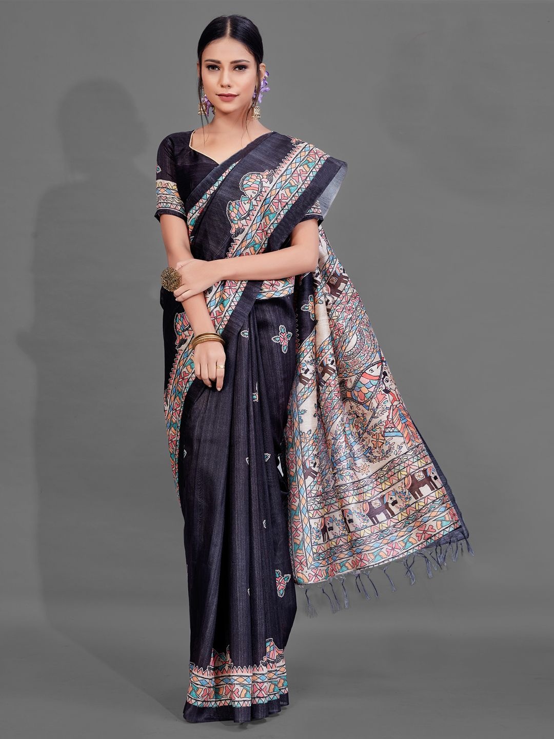 

Mitera Kalamkari Silk Blend Baluchari Saree, Black