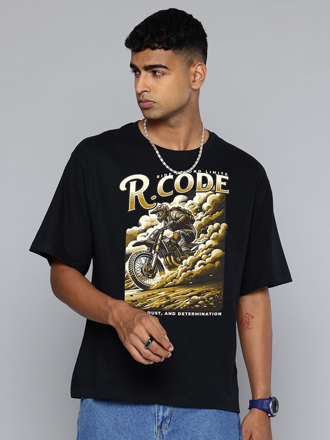 

R.Code by The Roadster Life Co. Men Printed Raw Edge T-shirt, Black
