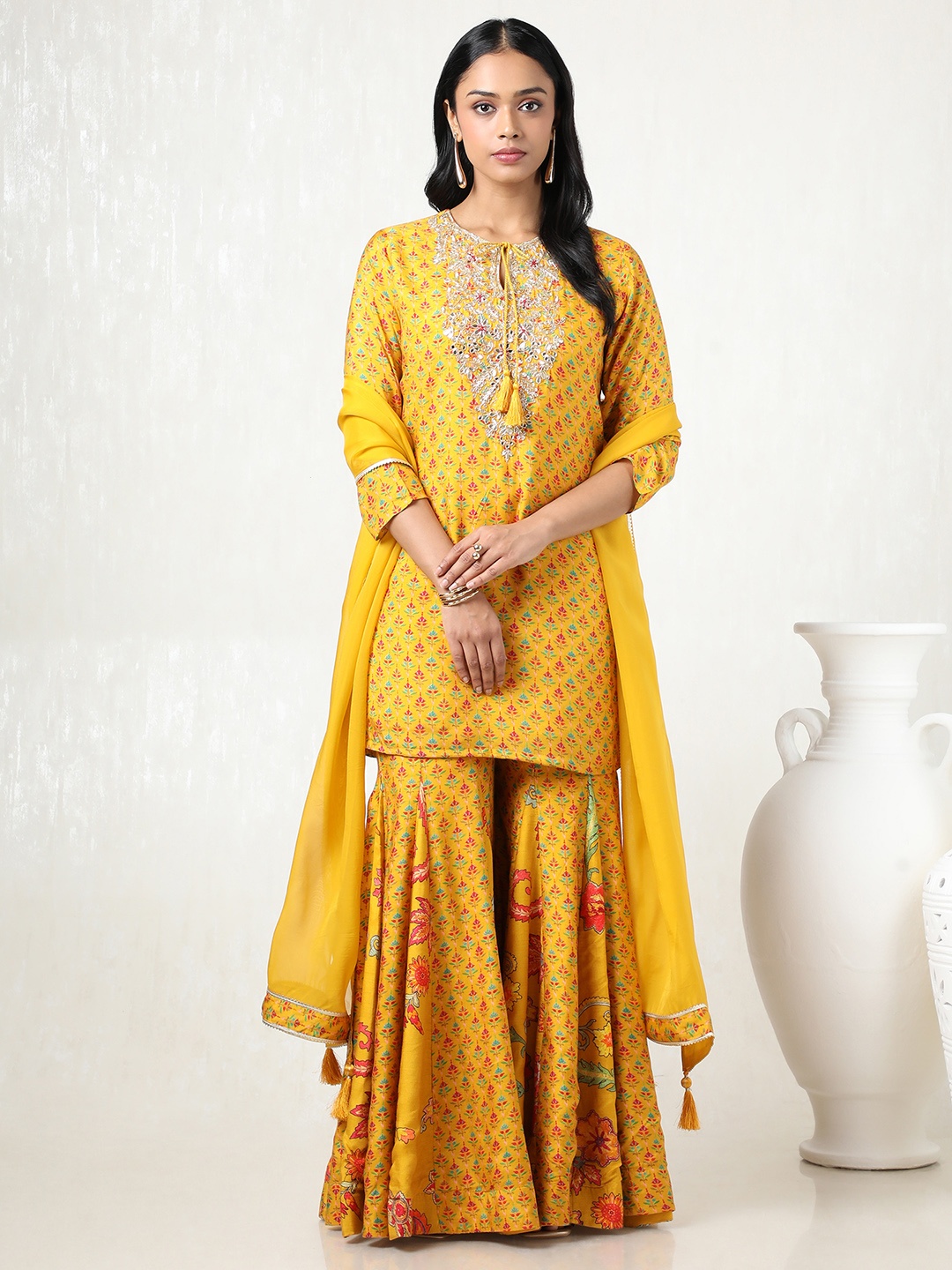 

Soch Women Floral Printed Angrakha Mirror Work Kurta with Sharara & With Dupatta, Mustard