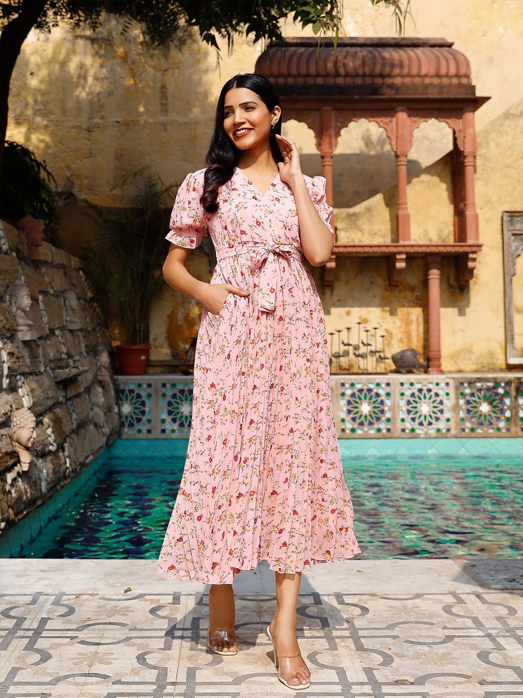 

NOUN Floral Print Georgette Maxi Midi Dress, Pink