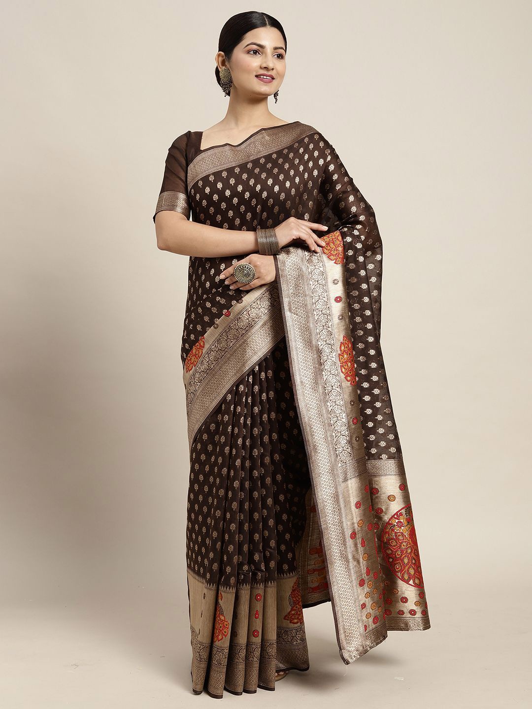 

Mitera Floral Zari Silk Cotton Banarasi Saree, Brown