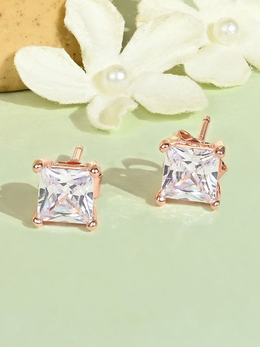 

TOUCH925 925 Silver Cubic Zirconia Studded Square Shaped Studs, Rose gold