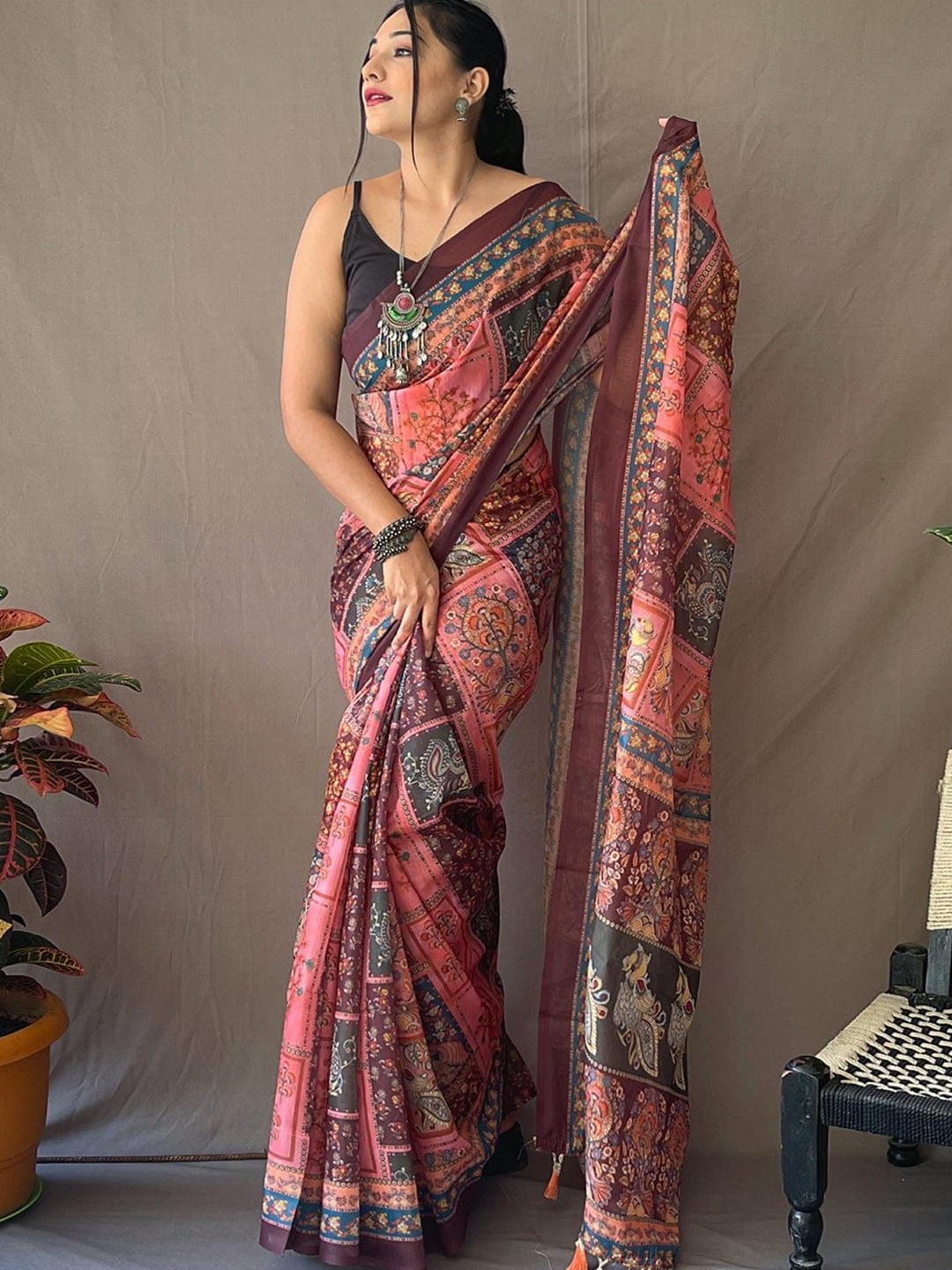 

FASHION STROM Kalamkari Silk Blend Saree, Pink