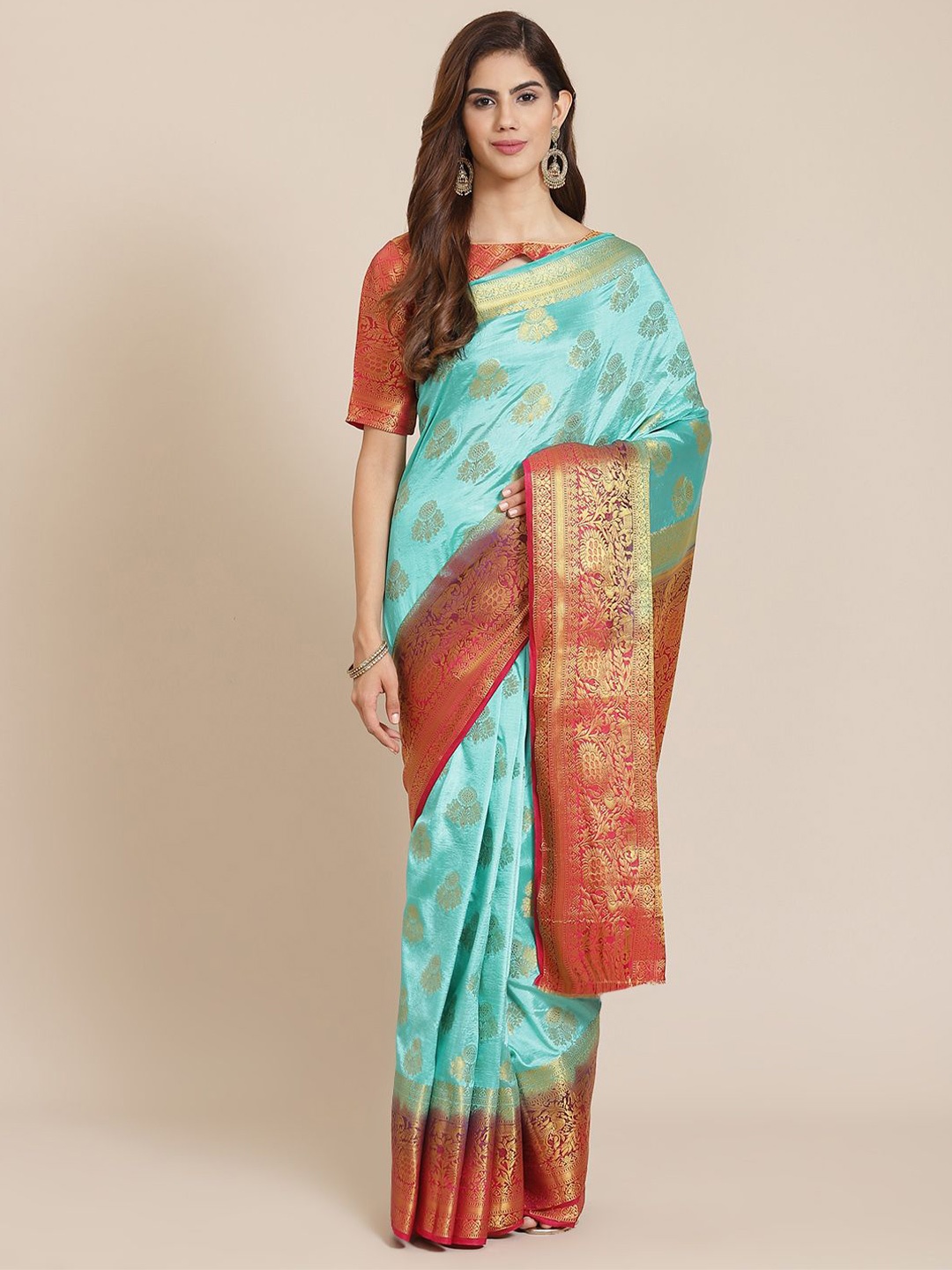 

DIVASTRI Woven Design Zari Silk Blend Banarasi Saree, Turquoise blue