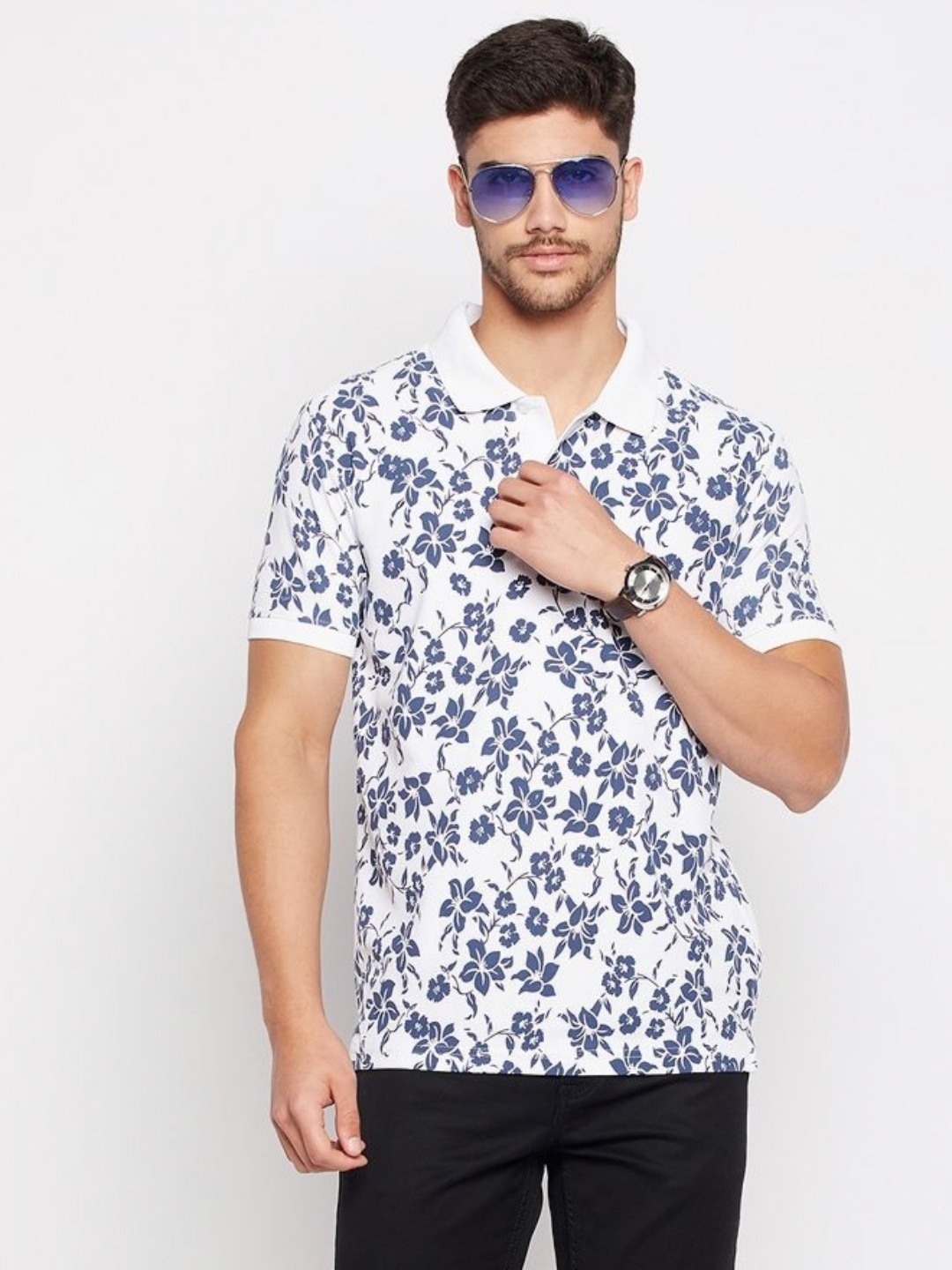 

XYRIS Men Printed Polo Collar Tropical T-shirt, White