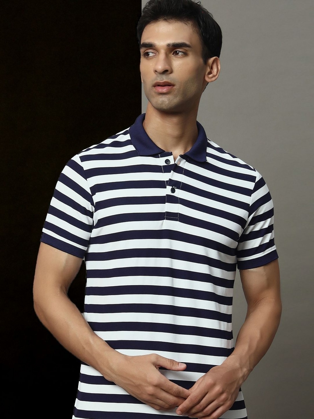 

OGEN Men Striped Polo Collar Pockets T-shirt, Navy blue