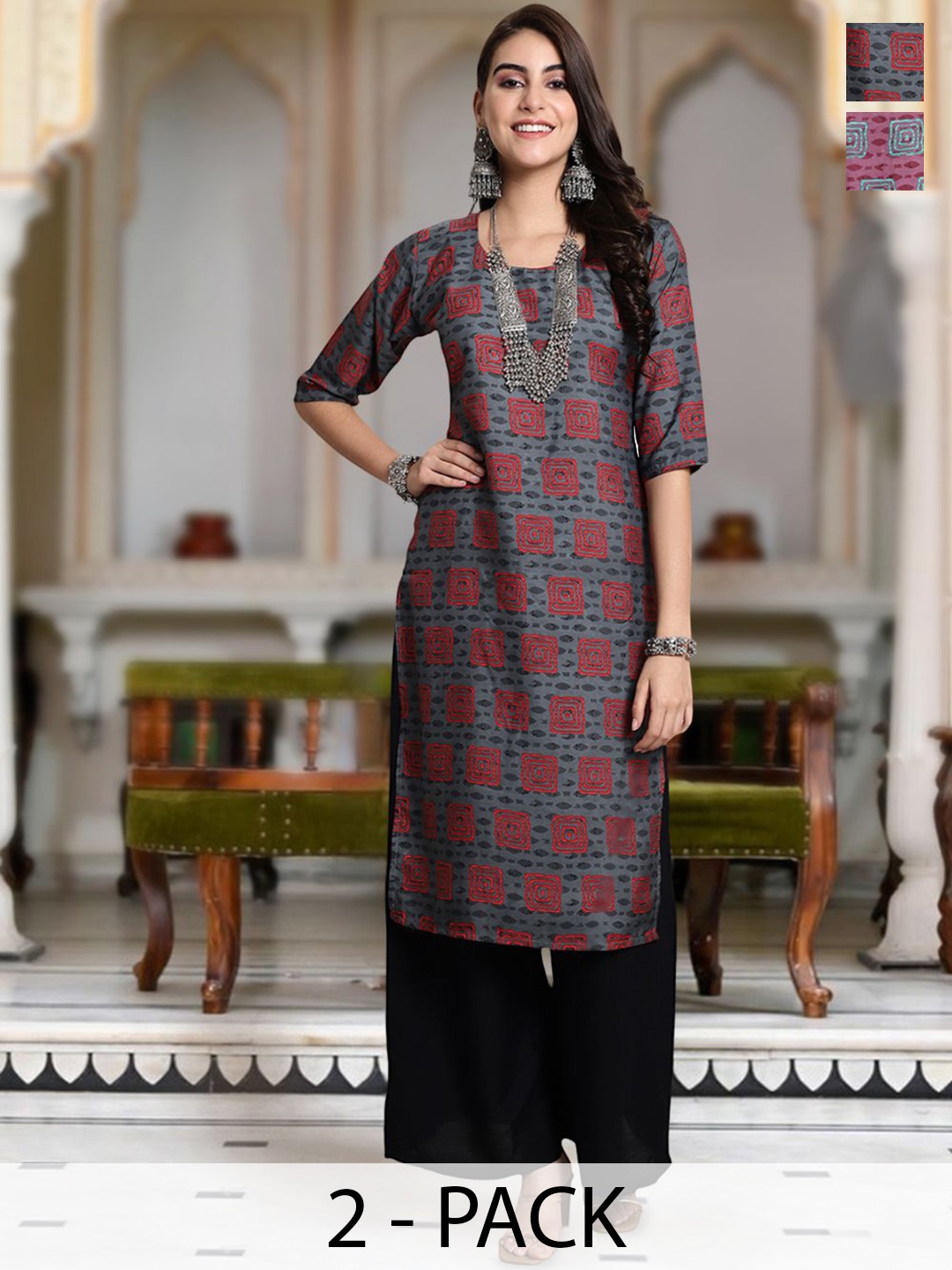 

Moda Rapido Selection Of 2 Geometric Printed Round Neck Straight Kurta, Grey