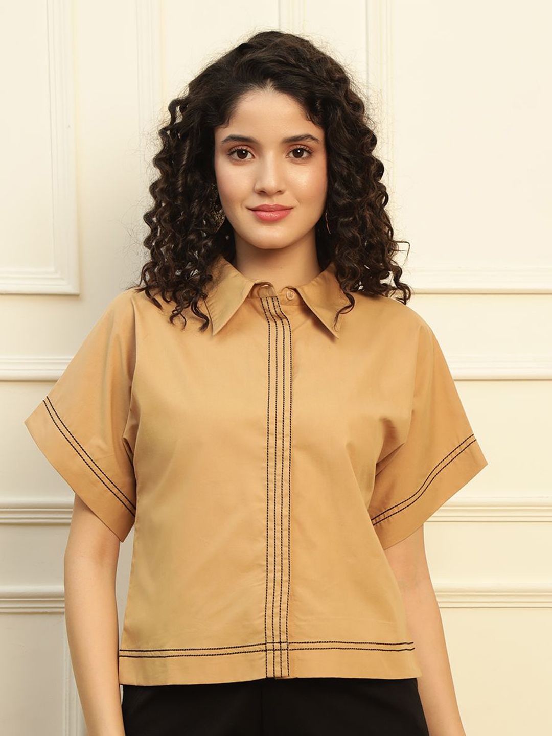 

DEEBACO Women Relaxed Opaque Casual Shirt, Beige