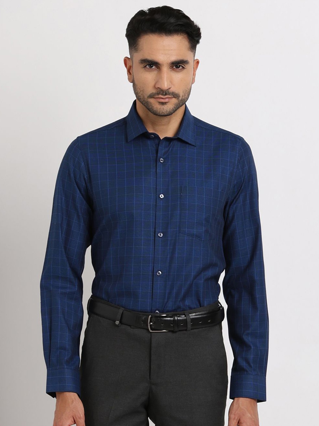 

Turtle Men Standard Grid Tattersall Checks Opaque Checked Formal Shirt, Blue