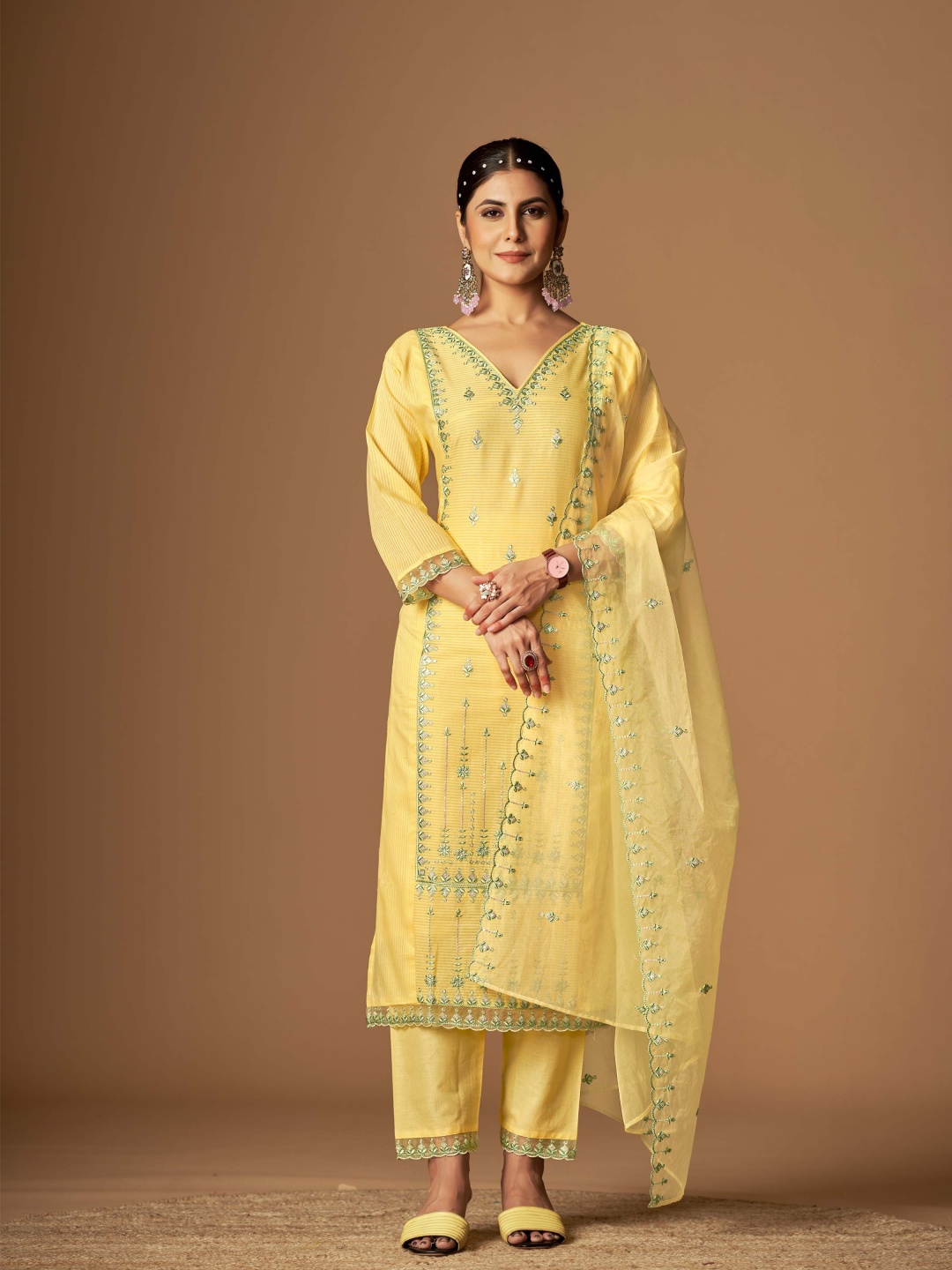 

ORUS Women Embroidered Regular Thread Work Pure Cotton Kurta with Trousers & With Dupatta, Yellow