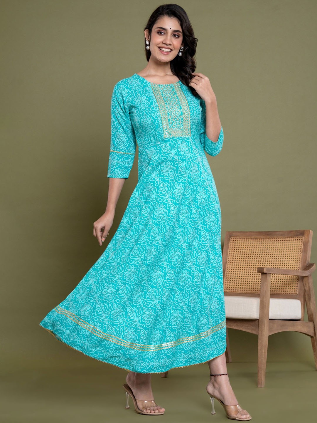 

ASANSHI Floral Printed Sequinned Fit and Flare Ethnic Dress, Turquoise blue