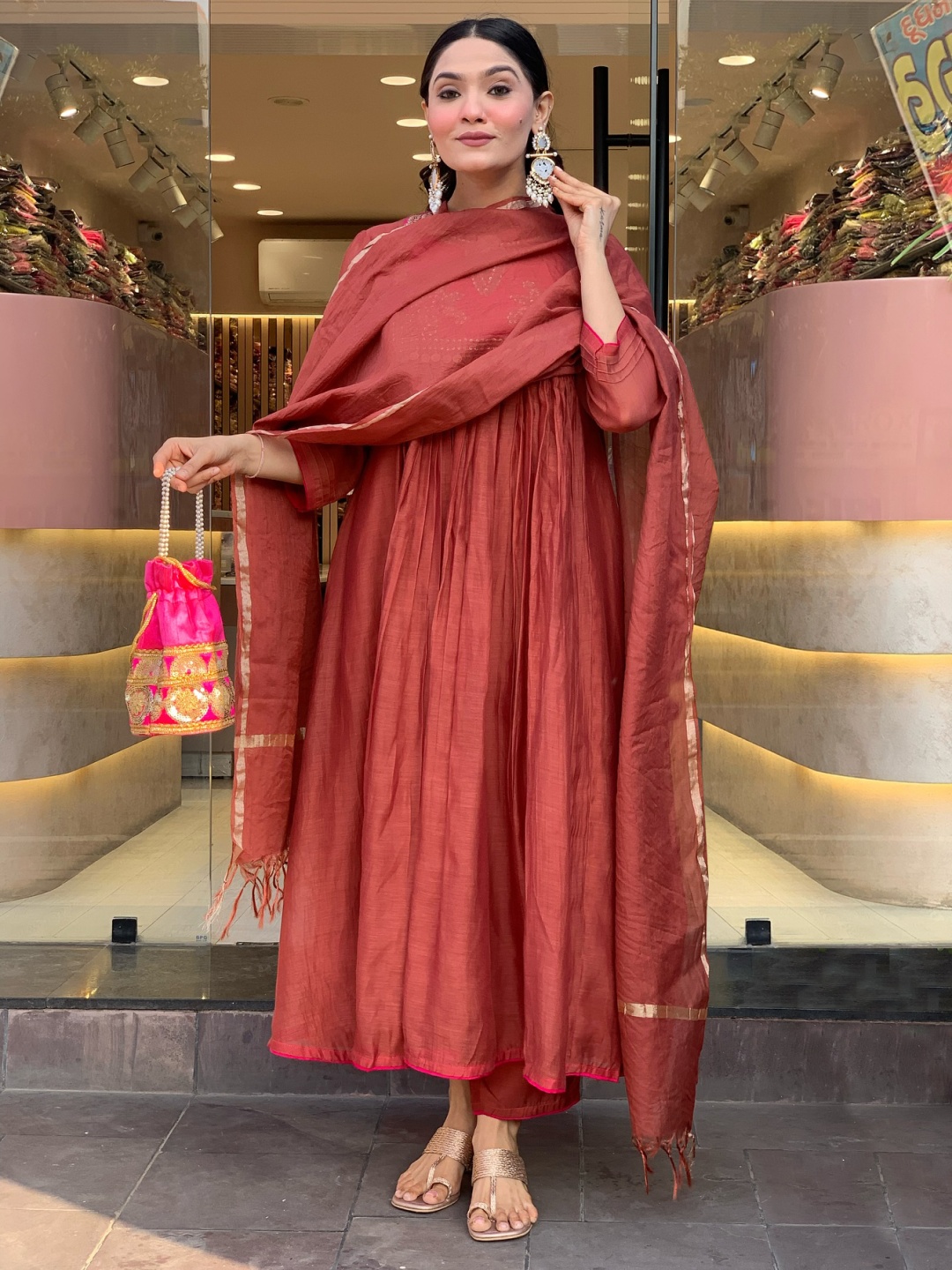 

Anni Designer Women Ethnic Motifs Embroidered Regular Thread Work Kurta with Trousers & With Dupatta, Rust