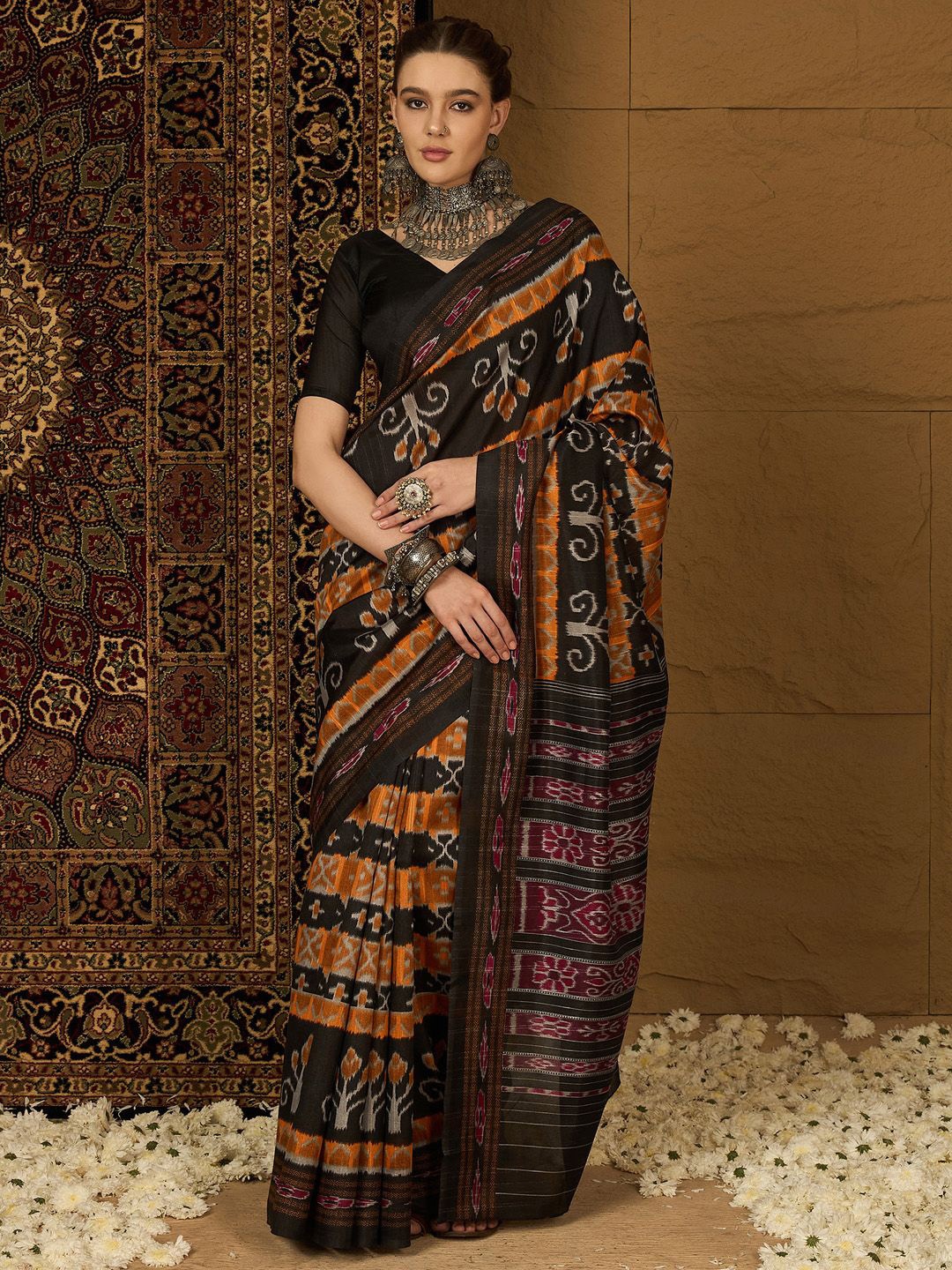 

Mitera Ethnic Motifs Silk Blend Ikat Saree, Mustard