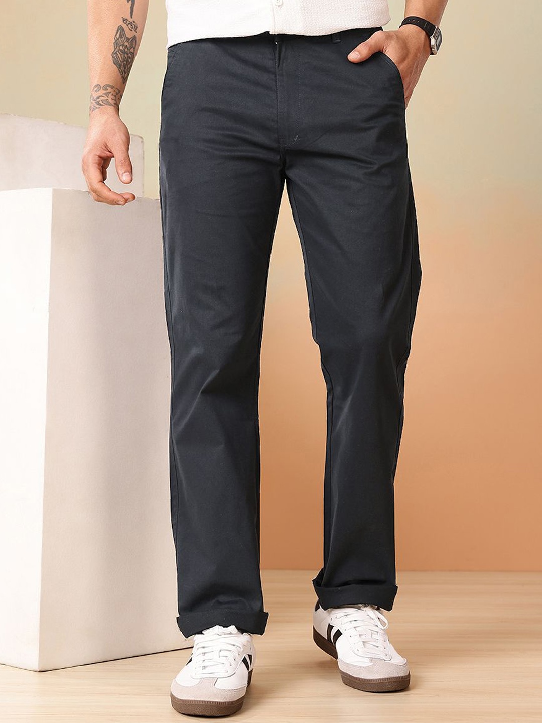 

MEGHZ Men Relaxed Straight Leg Straight Fit Chinos Trousers, Navy blue