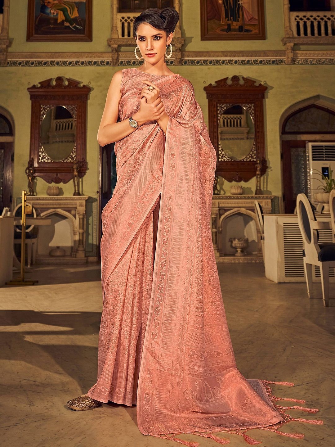 

FASHION STROM Woven Design Silk Blend Kanjeevaram Saree, Pink