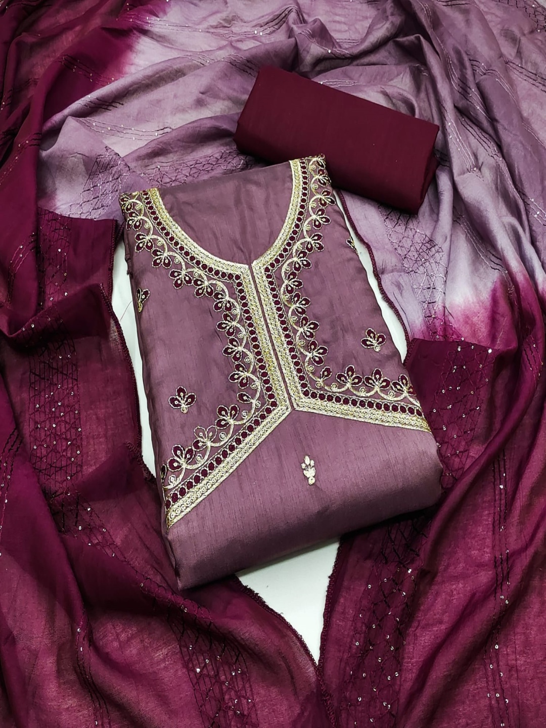 

Rangtulika Ethnics Floral Embroidered Sequinned Unstitched Dress Material, Purple