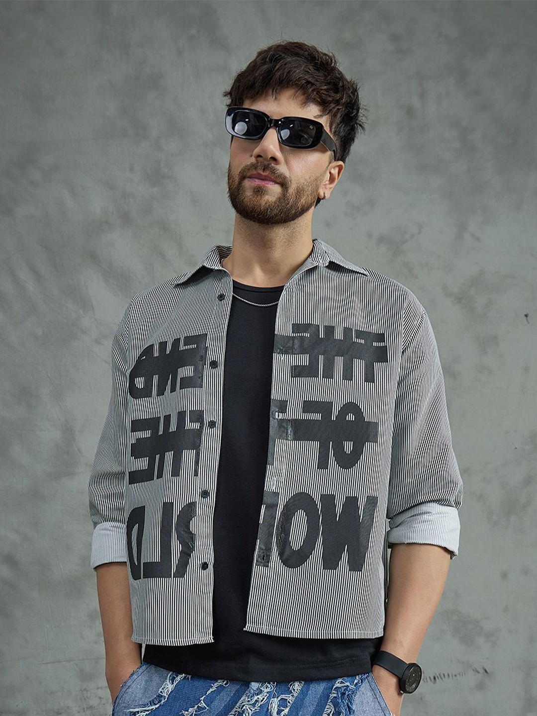 

FUGAZEE Men Pinstripes Opaque Striped Casual Shirt With Vest, Black