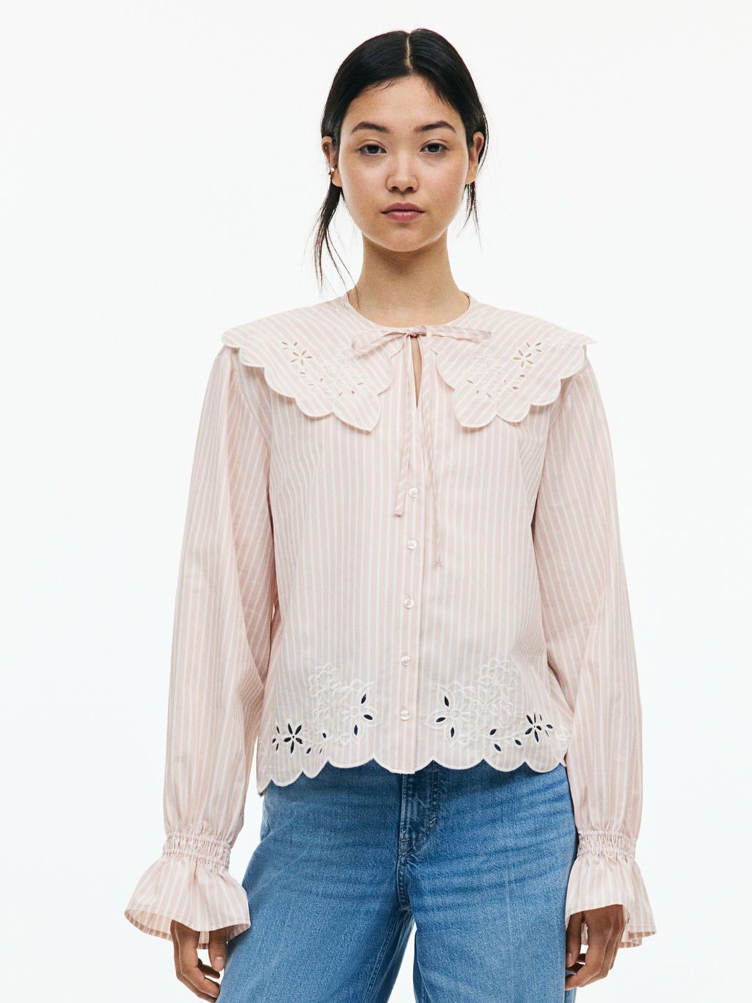 

H&M Embroidered Peter Pan-Collared Blouse, Pink