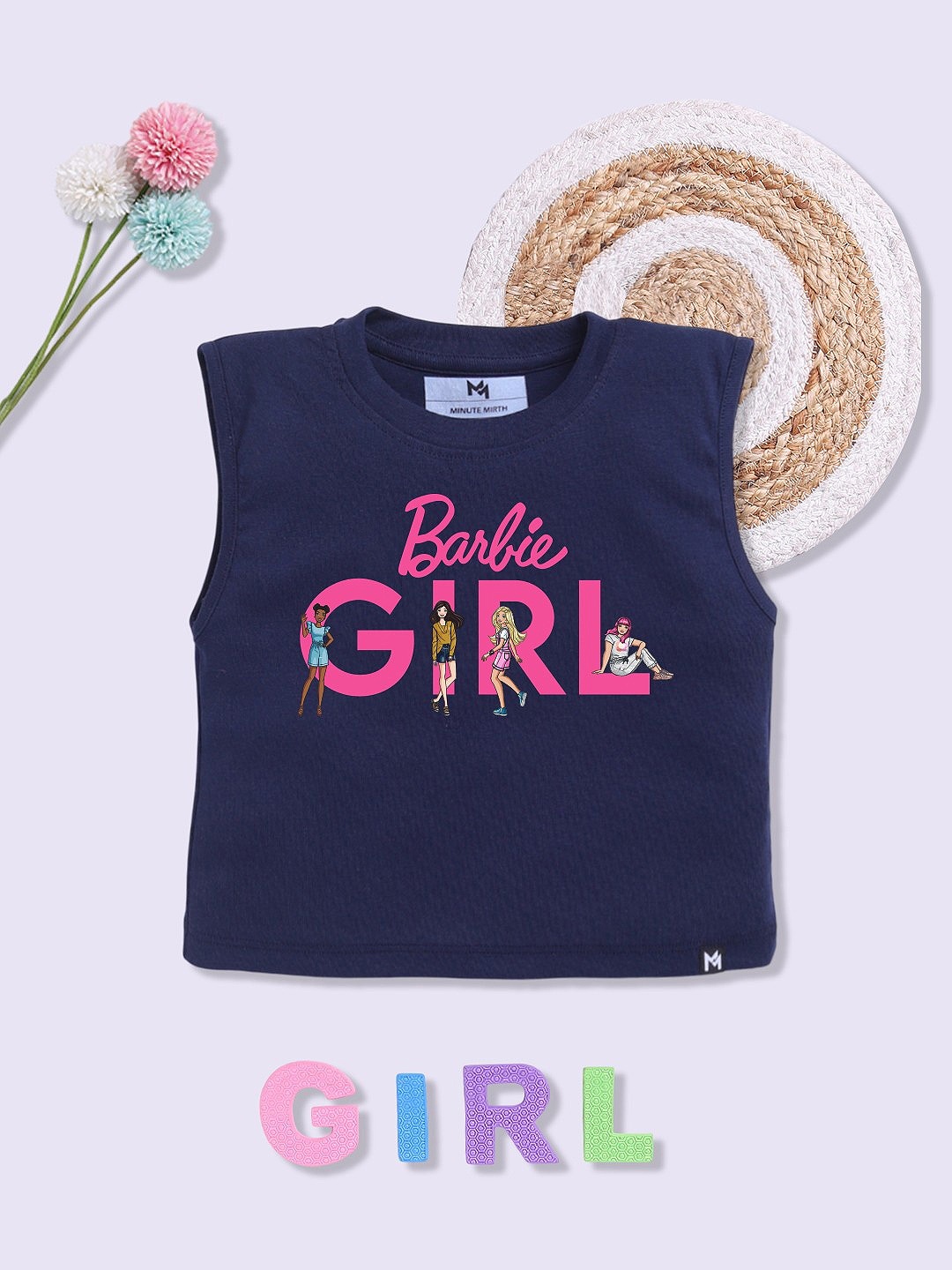 

YK X Minute Mirth Girls Barbie Printed Cotton Tank Crop Top, Navy blue