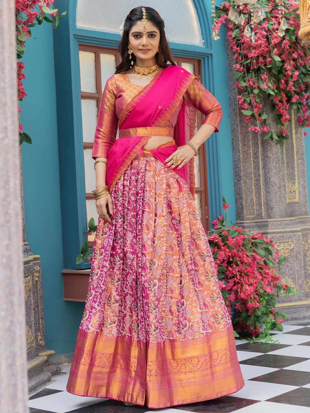 

DrapeMall Woven Design Semi-Stitched Lehenga With Unstitched Blouse & Dupatta, Pink