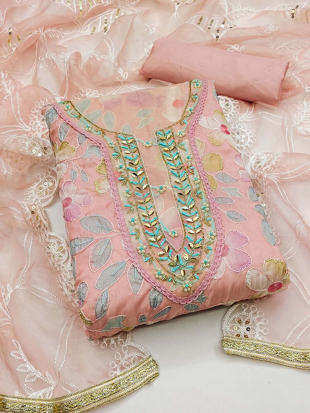 

Panzora Embroidered Beads And Stones Organza Unstitched Dress Material, Peach