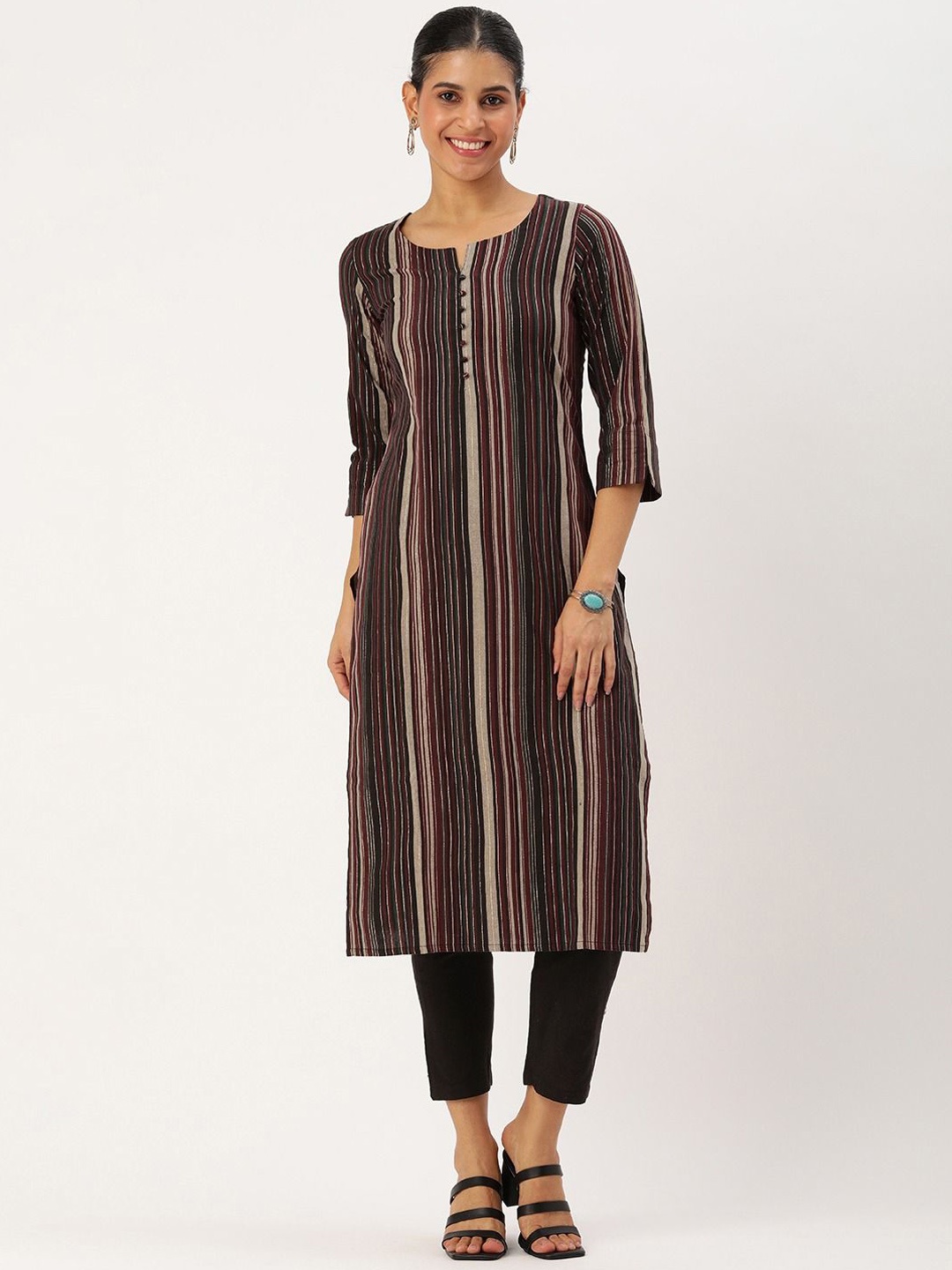 

KALINI Women Striped Regular Kurta with Trousers, Maroon