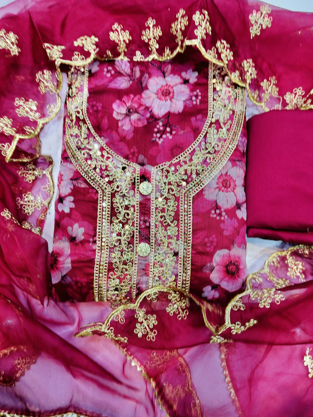 

REET MAHAL Floral Embroidered Sequinned Chanderi Silk Unstitched Dress Material, Pink