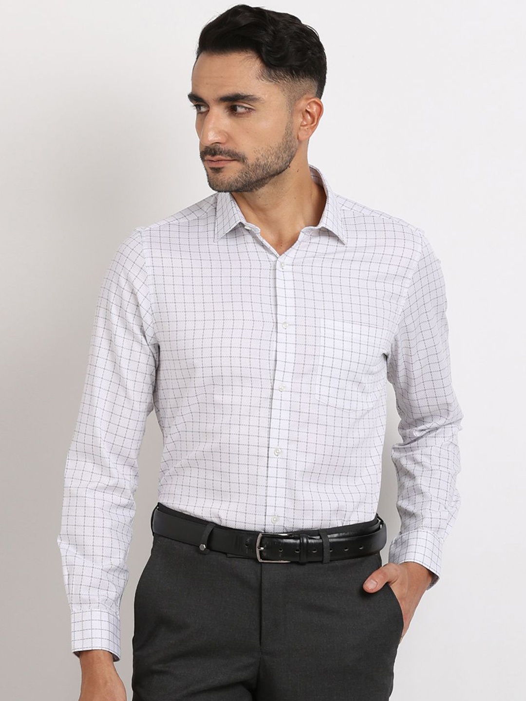 

Turtle Men Standard Grid Tattersall Checks Opaque Checked Formal Shirt, Off white