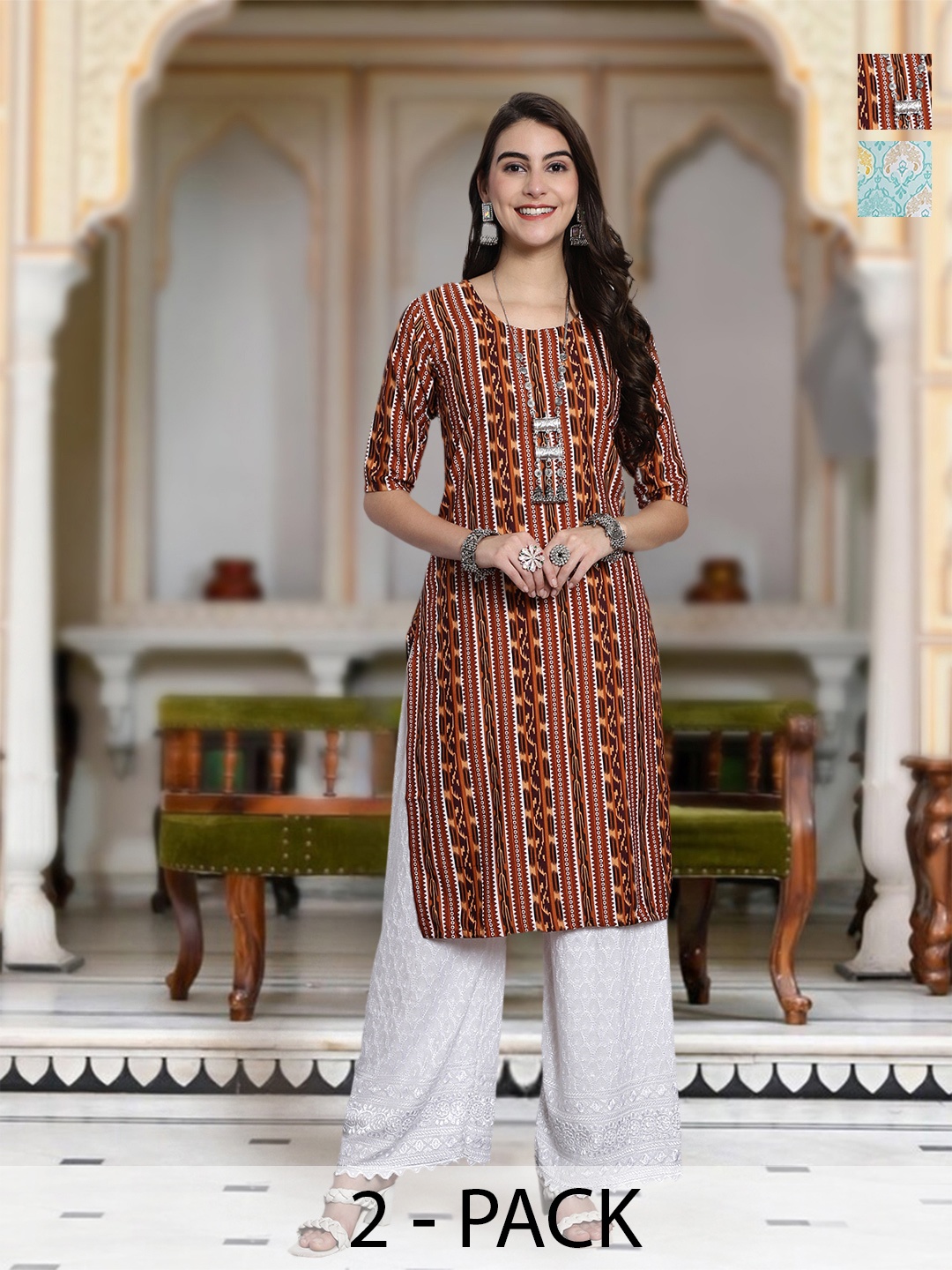 

Moda Rapido Selection Of 2 Geometric Printed Round Neck Straight Kurta, Black