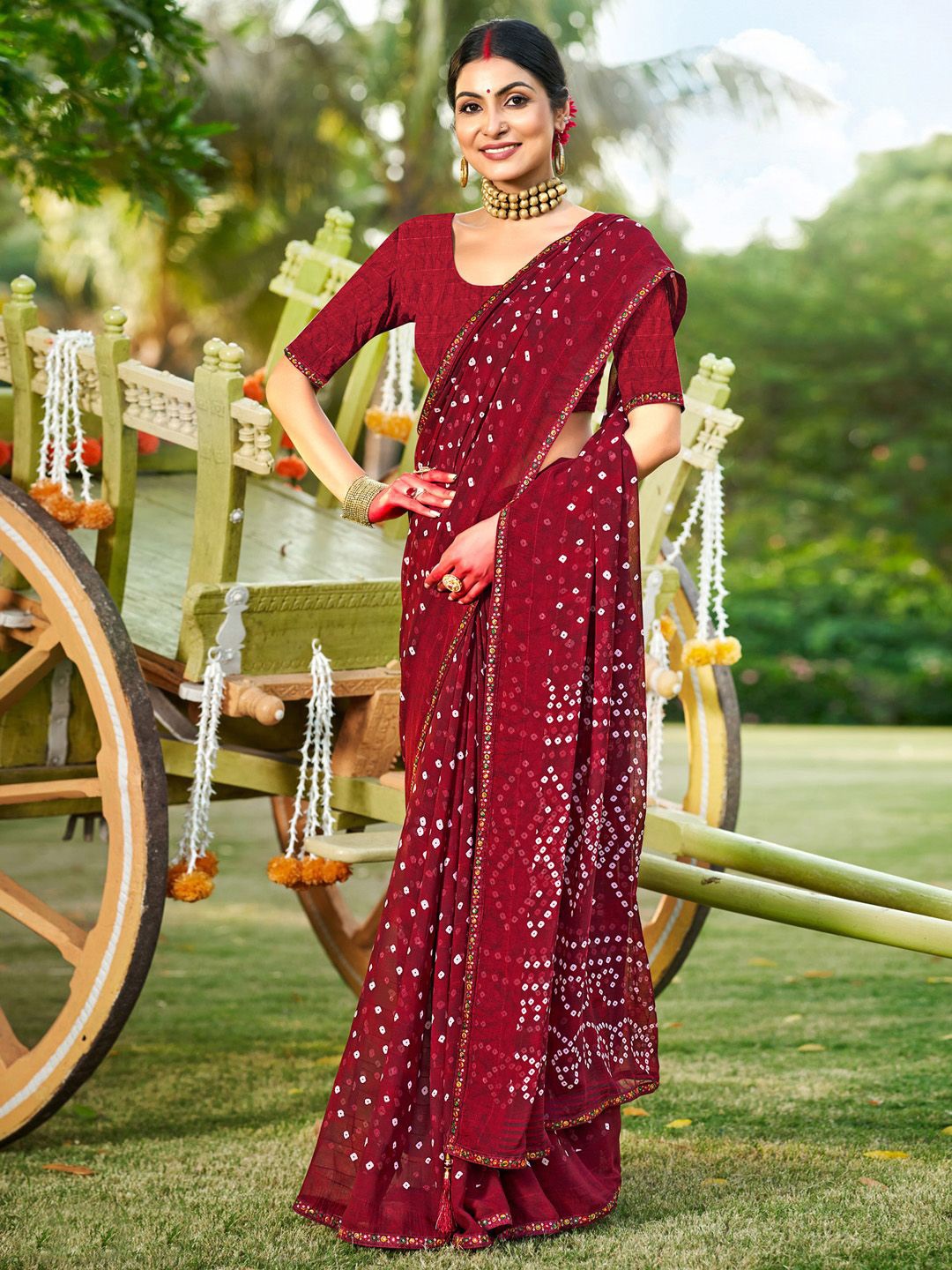 

Mitera Bandhani Embroidered Pure Georgette Bandhani Saree, Maroon