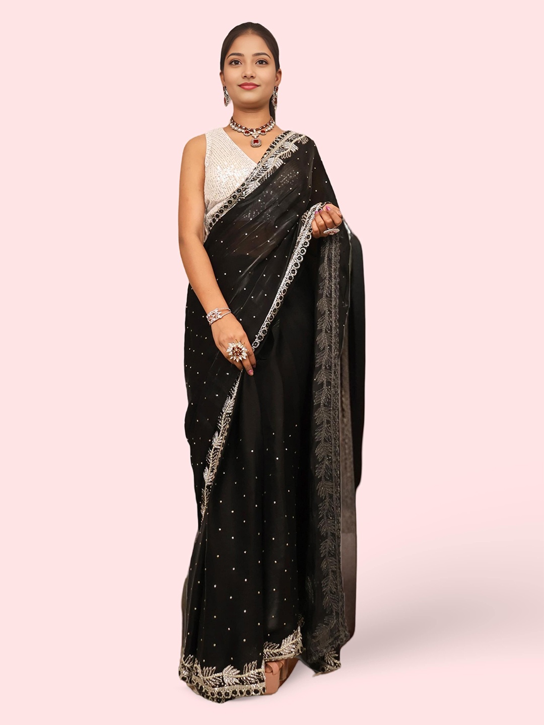 

Shreekama Floral Embroidered Organza Saree, Black