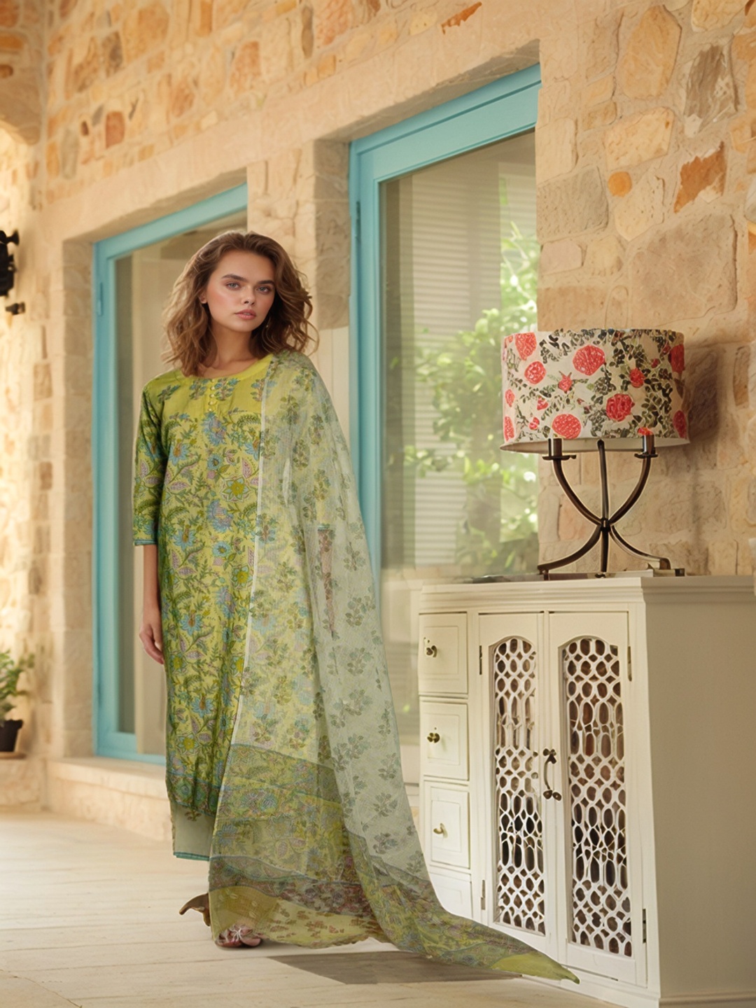 

GoSriKi Women Floral Printed Regular Kurta with Trousers & With Dupatta, Green
