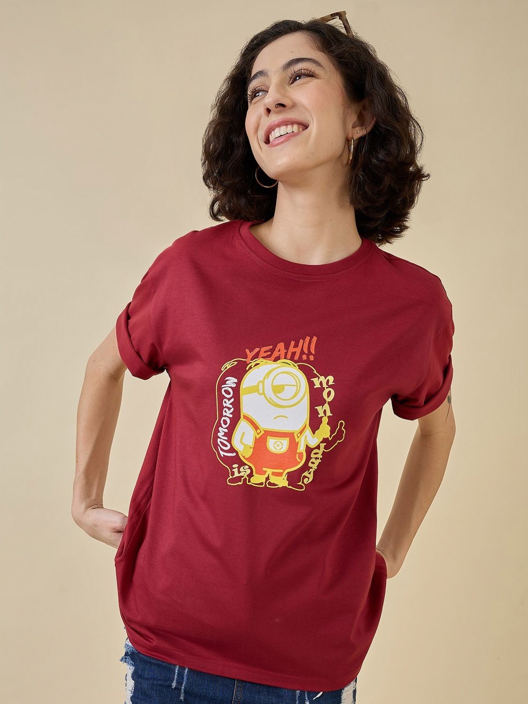 

Minions by Kook N Keech Women Printed Pockets T-shirt, Maroon