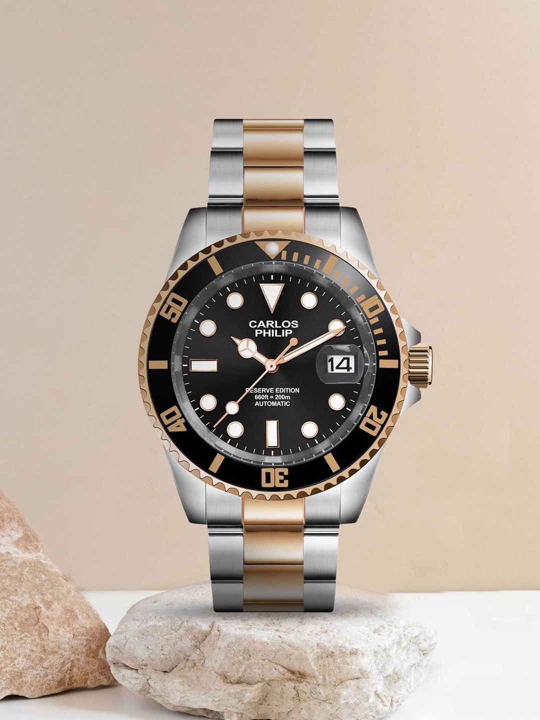

CARLOS PHILIP Men Brass Dial & Stainless Steel Bracelet Style Straps Analogue Automatic Motion Powered Watch, Black