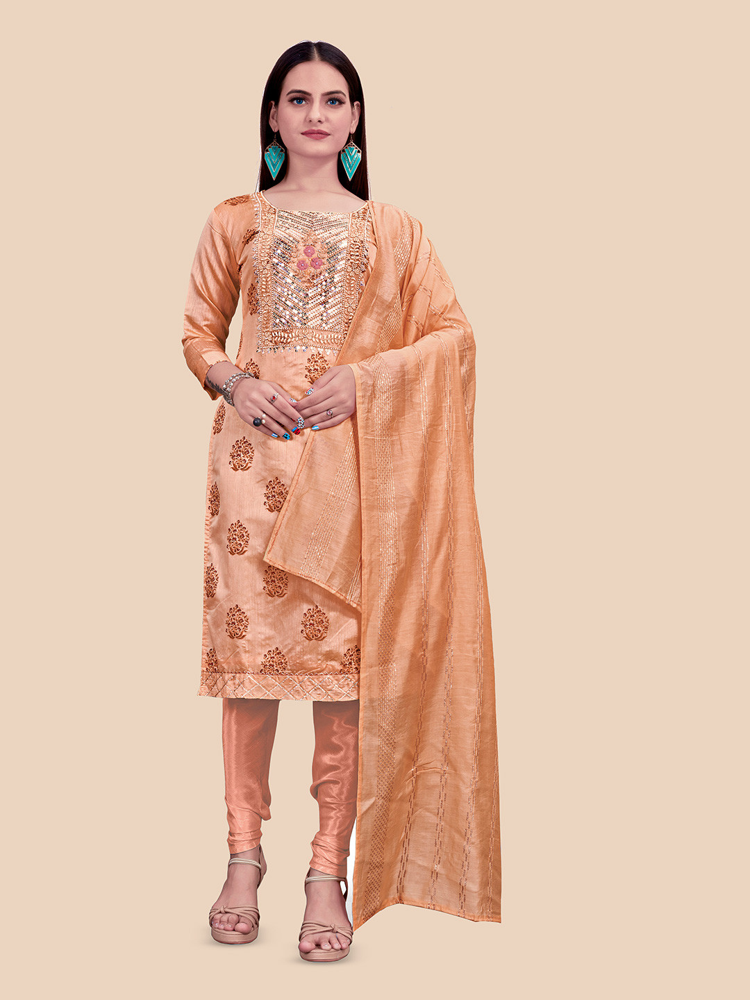 

HERE&NOW Floral Printed Sequinned Unstitched Dress Material, Orange