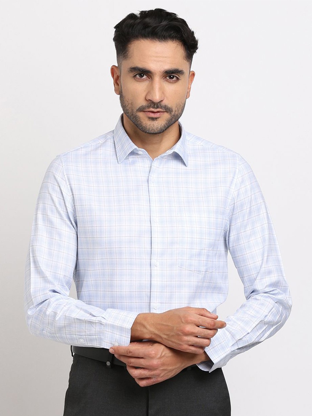 

Turtle Men Standard Grid Tattersall Checks Opaque Checked Formal Shirt, Blue