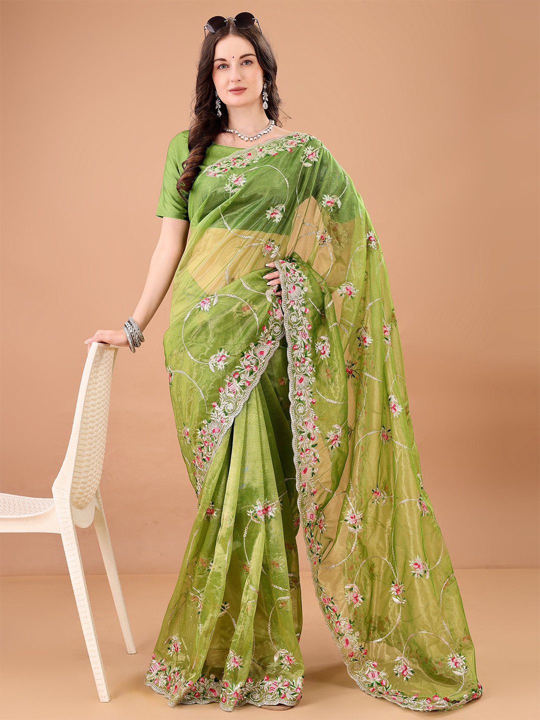 

devkison Designer Floral Embroidered Net Saree, Fluorescent green