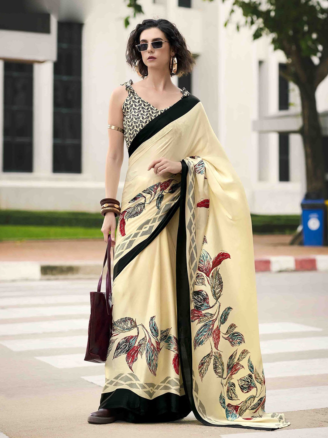 

KALINI Floral Satin Saree, Cream