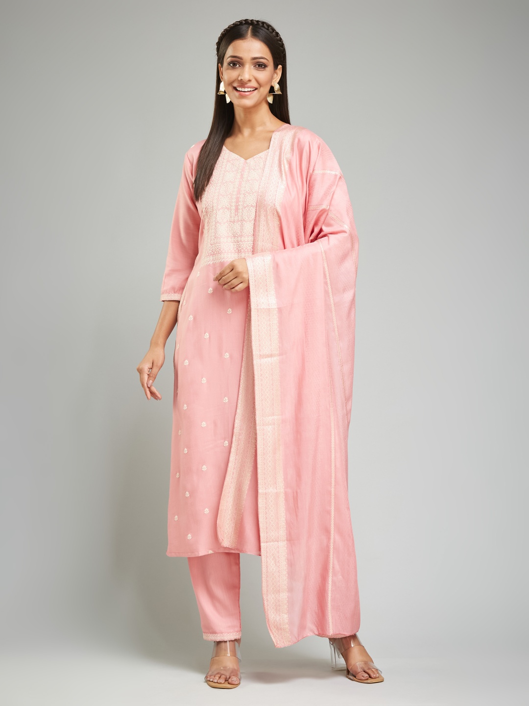

Nimidiya Women Printed Regular Kurta with Trousers & With Dupatta, Peach