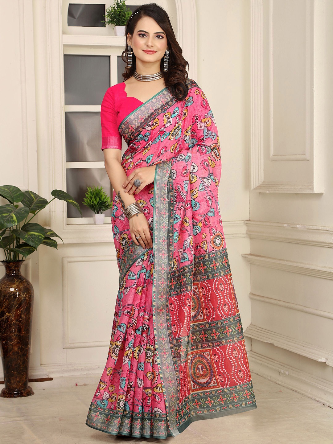 

Anouk Kalamkari Linen Blend Saree, Pink