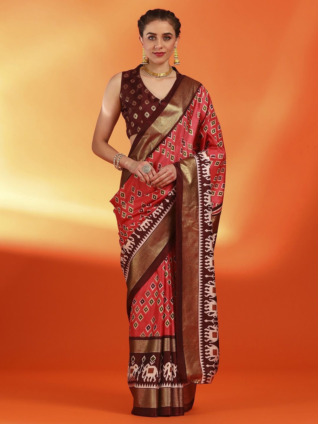 

Mitera Ethnic Motifs Zari Silk Blend Pochampally Saree, Red